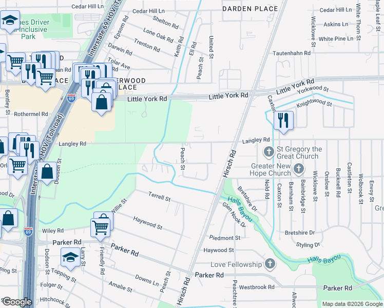 map of restaurants, bars, coffee shops, grocery stores, and more near 4814 Langley Road in Houston