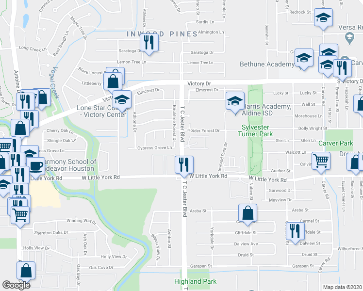 map of restaurants, bars, coffee shops, grocery stores, and more near 7200 T C Jester Boulevard in Houston