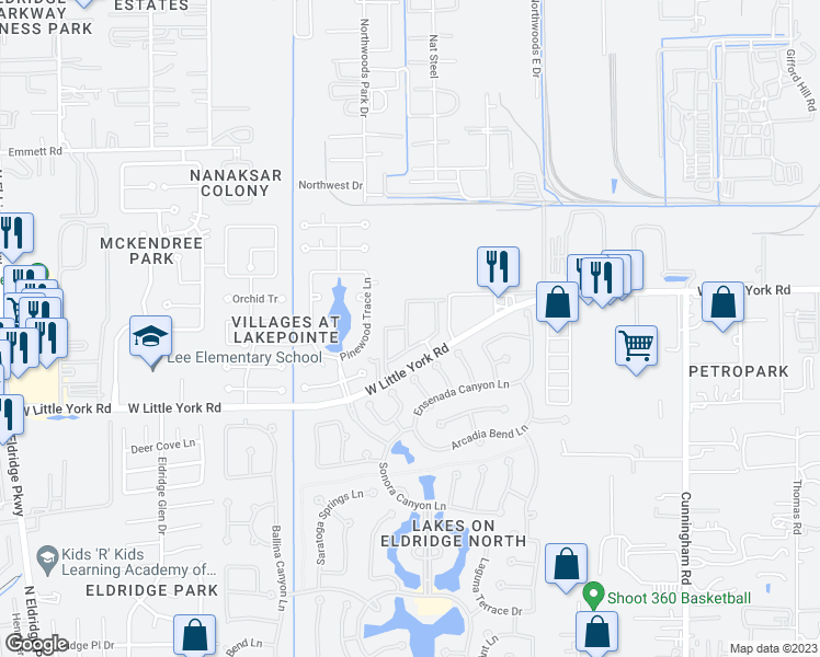 map of restaurants, bars, coffee shops, grocery stores, and more near 12410 West Little York Road in Houston