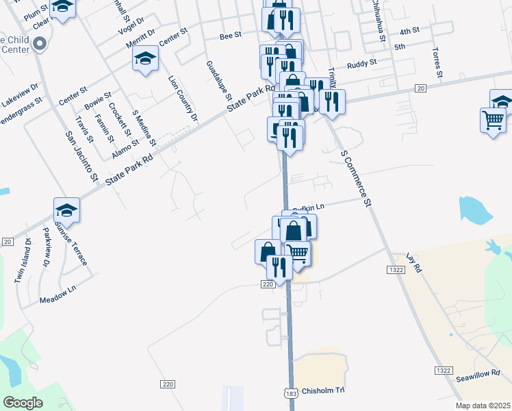 map of restaurants, bars, coffee shops, grocery stores, and more near 1505 South Main Street in Lockhart