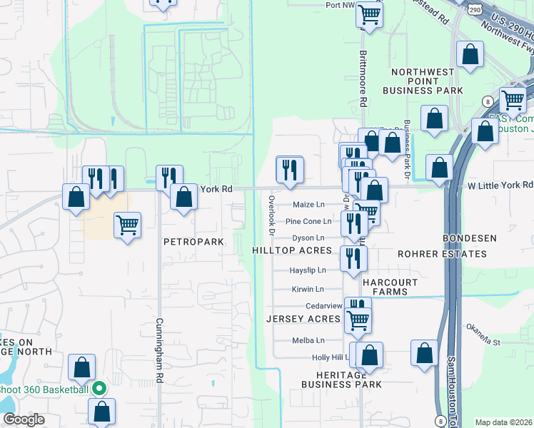 map of restaurants, bars, coffee shops, grocery stores, and more near 6627 Overlook Drive in Houston