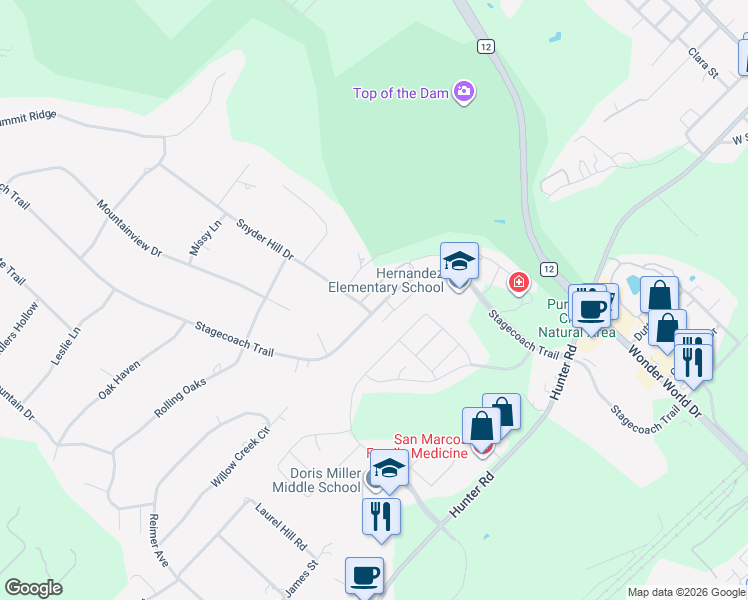 map of restaurants, bars, coffee shops, grocery stores, and more near 106 Colleen Court in San Marcos