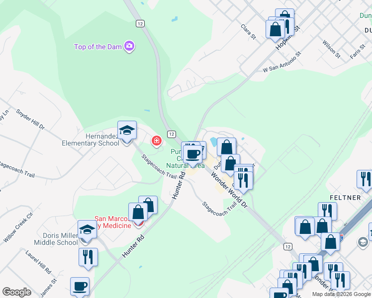 map of restaurants, bars, coffee shops, grocery stores, and more near 102 Wonder World Drive in San Marcos