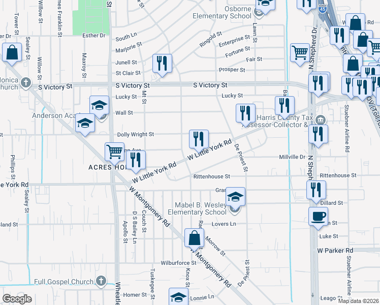 map of restaurants, bars, coffee shops, grocery stores, and more near 7319 Alba Street in Houston