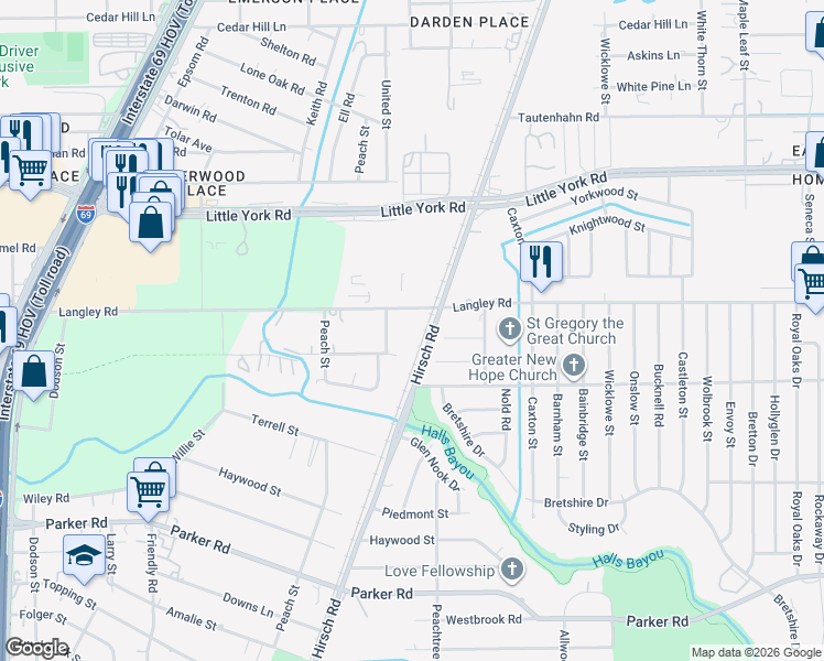 map of restaurants, bars, coffee shops, grocery stores, and more near 4918 Langley Road in Houston