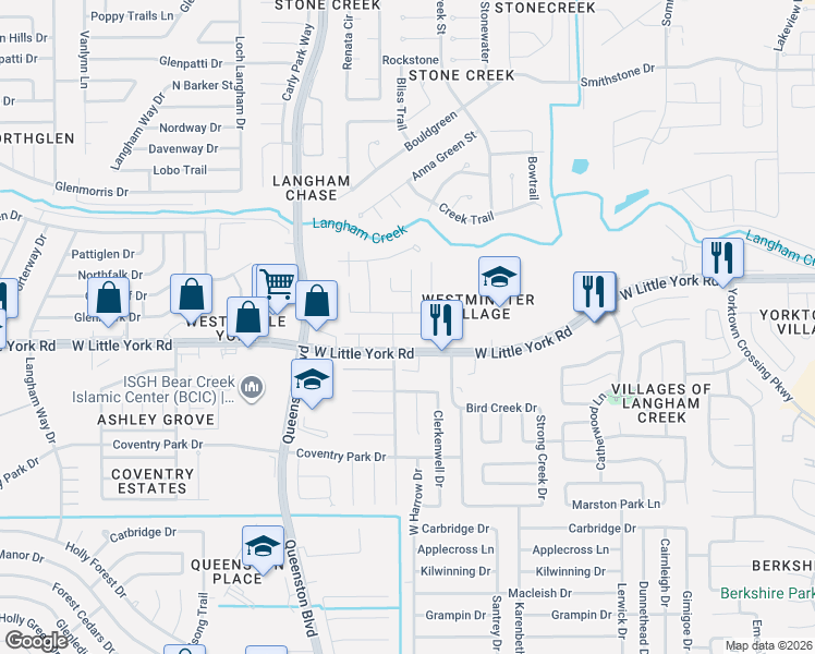map of restaurants, bars, coffee shops, grocery stores, and more near 17042 Hilton Hollow Drive in Houston