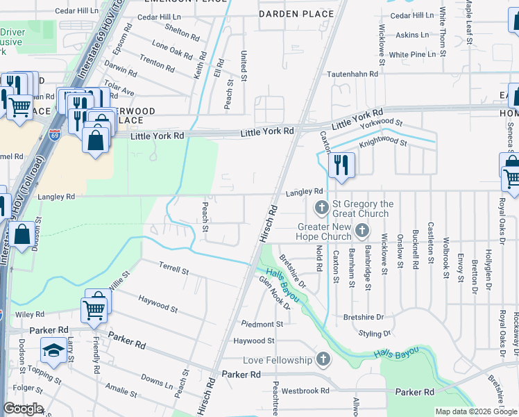 map of restaurants, bars, coffee shops, grocery stores, and more near 4918 Langley Road in Houston
