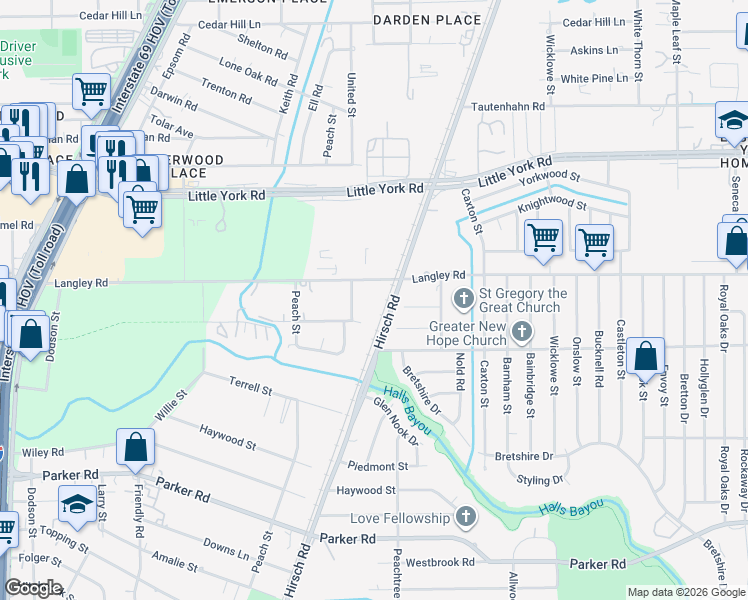 map of restaurants, bars, coffee shops, grocery stores, and more near 4918 Langley Road in Houston