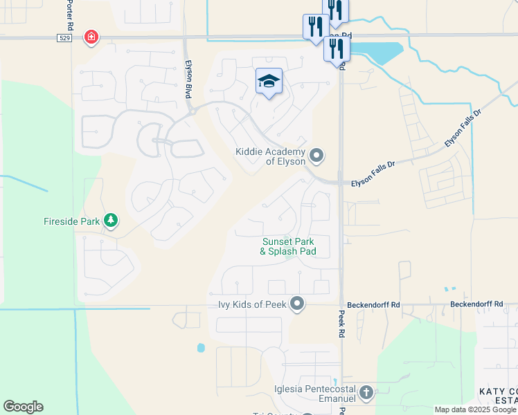 map of restaurants, bars, coffee shops, grocery stores, and more near 23235 Mulberry Thicket Trail in Katy