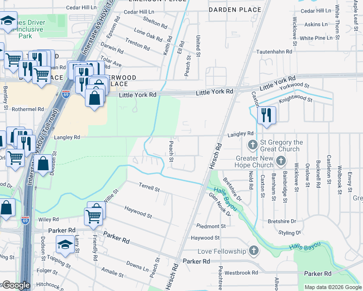 map of restaurants, bars, coffee shops, grocery stores, and more near 4814 Langley Road in Houston