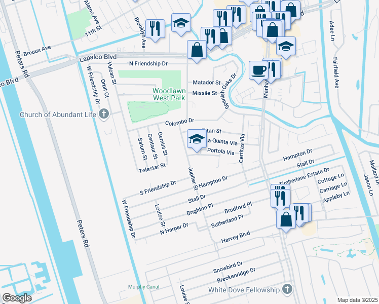 map of restaurants, bars, coffee shops, grocery stores, and more near 2130 La Quinta Via in Harvey