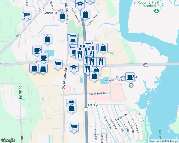 map of restaurants, bars, coffee shops, grocery stores, and more near 1930 U.S. 1 in St. Augustine