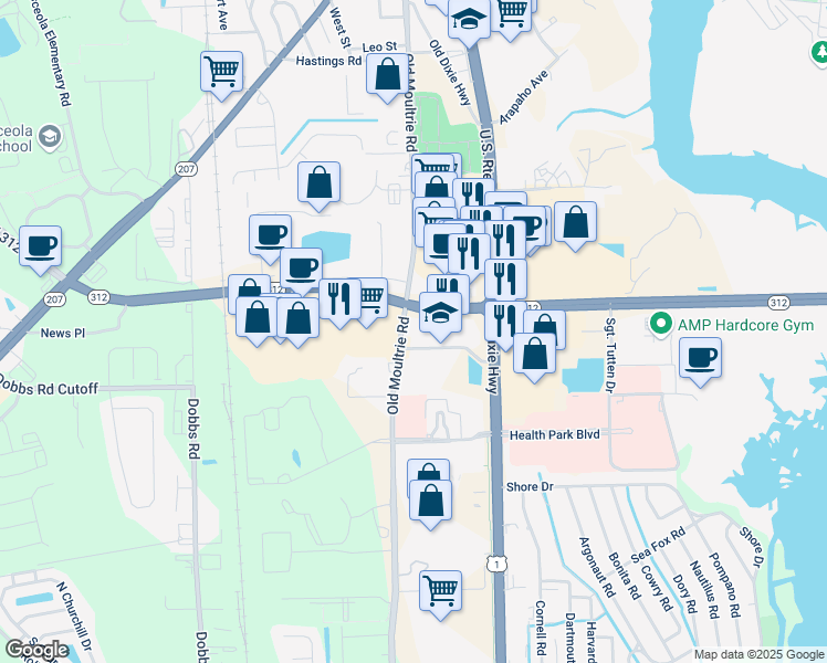 map of restaurants, bars, coffee shops, grocery stores, and more near 175 Florida 312 in St. Augustine