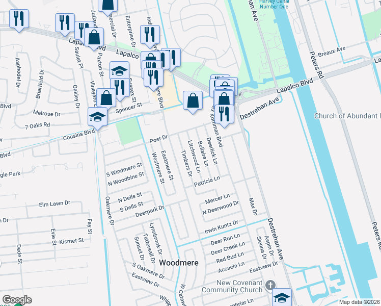 map of restaurants, bars, coffee shops, grocery stores, and more near 2224 Litchwood Lane in Harvey