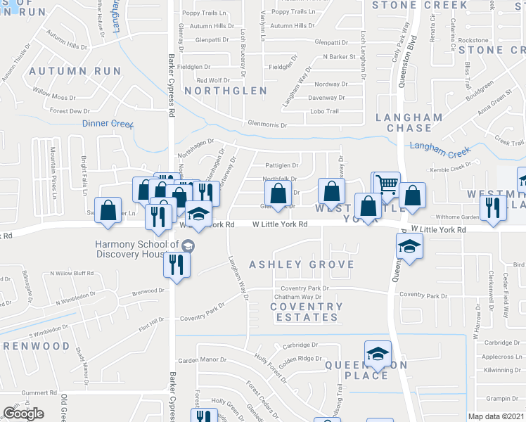 map of restaurants, bars, coffee shops, grocery stores, and more near 17635 Glenmark Drive in Houston