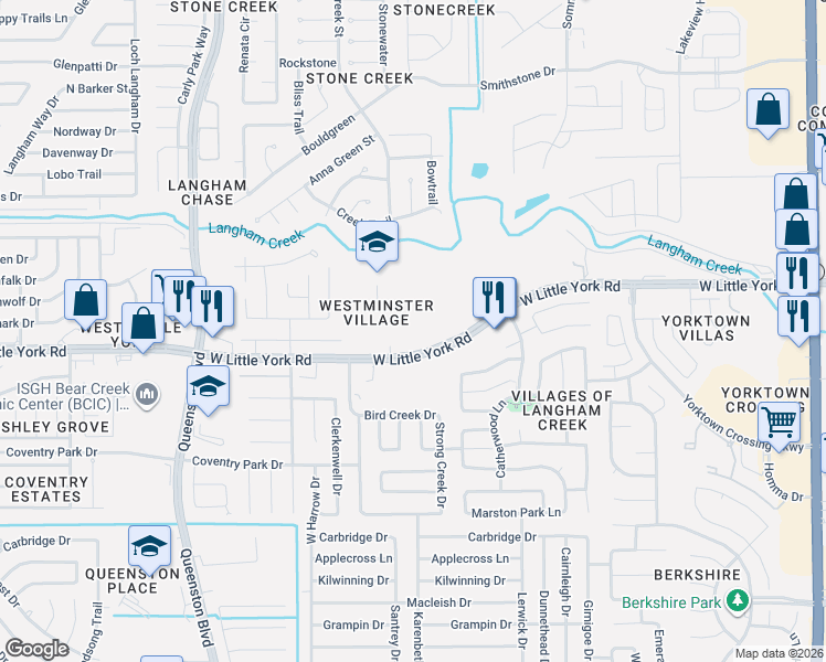 map of restaurants, bars, coffee shops, grocery stores, and more near 16212 West Little York Road in Houston