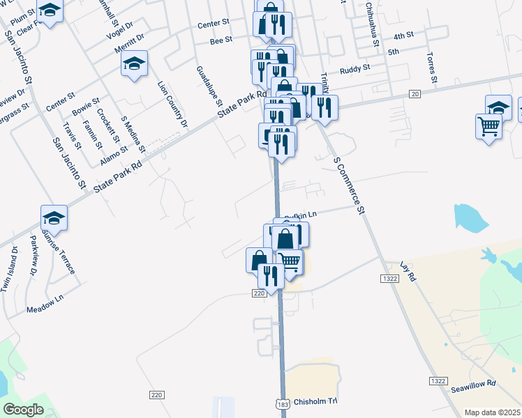 map of restaurants, bars, coffee shops, grocery stores, and more near 1501 South Main Street in Lockhart