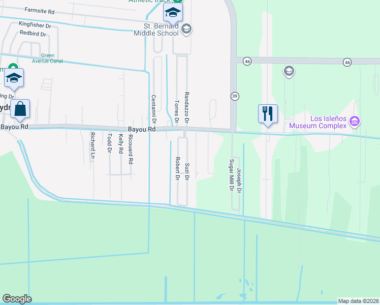 map of restaurants, bars, coffee shops, grocery stores, and more near 1900 Robert Drive in Saint Bernard