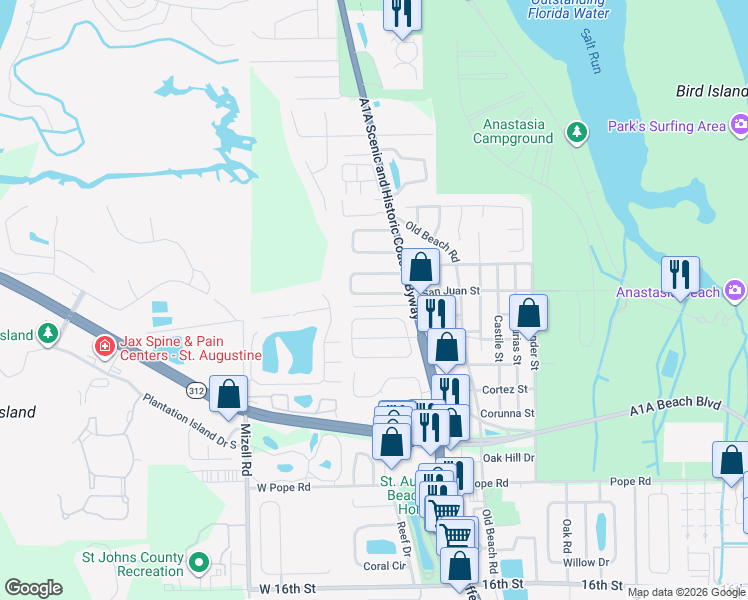 map of restaurants, bars, coffee shops, grocery stores, and more near 35 Sea Park Drive in St. Augustine