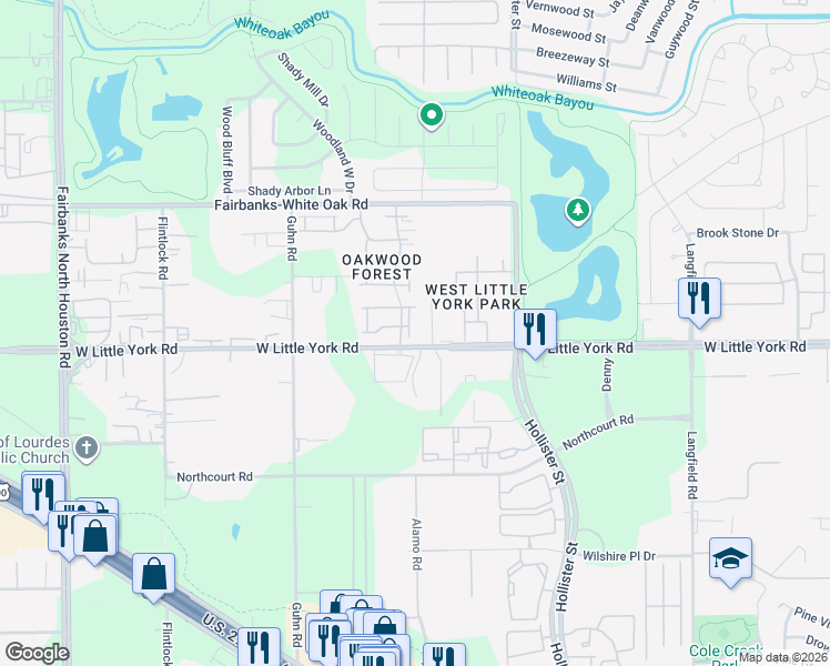 map of restaurants, bars, coffee shops, grocery stores, and more near 6810 Oakwood Hollow Court in Houston