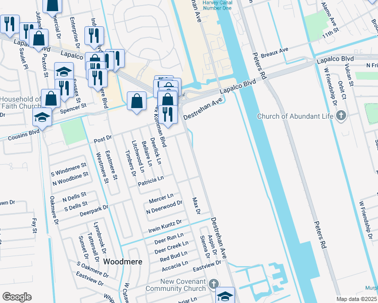 map of restaurants, bars, coffee shops, grocery stores, and more near 2628 Destrehan Avenue in Harvey