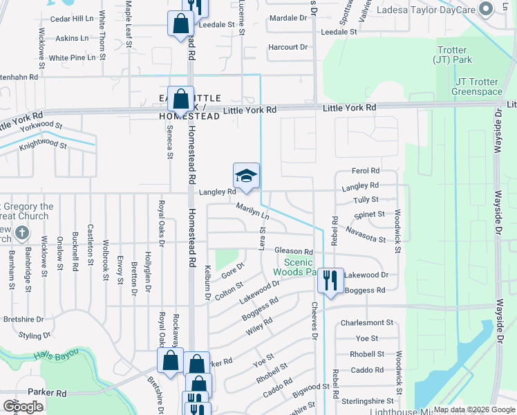map of restaurants, bars, coffee shops, grocery stores, and more near 7300 Langley Road in Houston