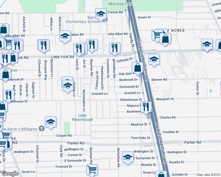 map of restaurants, bars, coffee shops, grocery stores, and more near 701 Dunwoody Drive in Houston