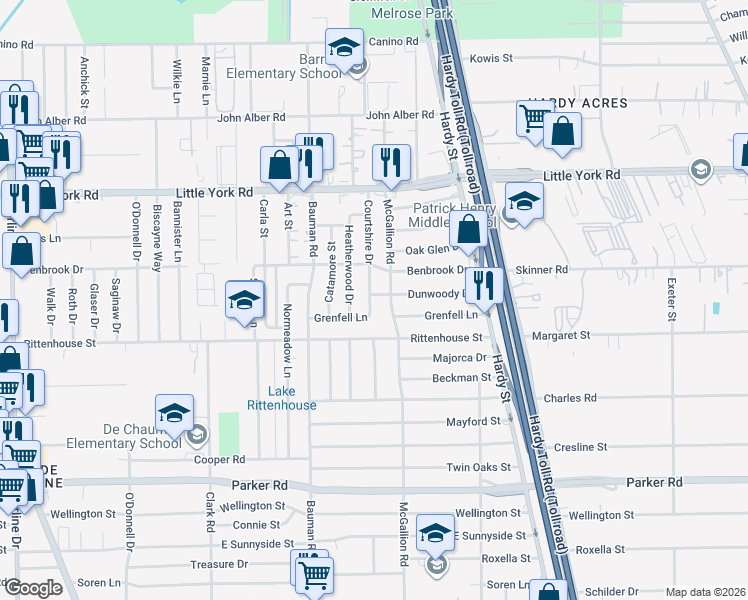 map of restaurants, bars, coffee shops, grocery stores, and more near 11402 Heatherwood Drive in Houston