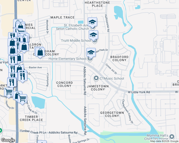 map of restaurants, bars, coffee shops, grocery stores, and more near 14927 James River Lane in Houston