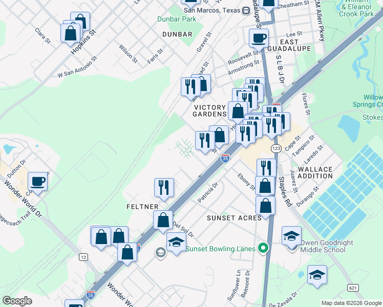 map of restaurants, bars, coffee shops, grocery stores, and more near 1506 South Interstate 35 in San Marcos