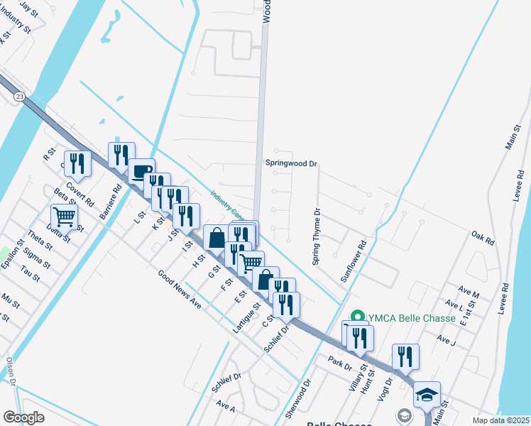 map of restaurants, bars, coffee shops, grocery stores, and more near 20 Woodland Highway in Belle Chasse