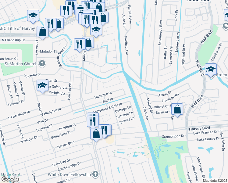 map of restaurants, bars, coffee shops, grocery stores, and more near 1716 Hampton Dr in Harvey