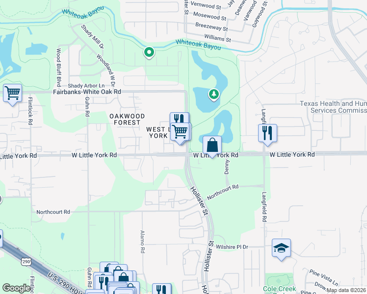map of restaurants, bars, coffee shops, grocery stores, and more near 7898 Fairbanks-White Oak Road in Houston