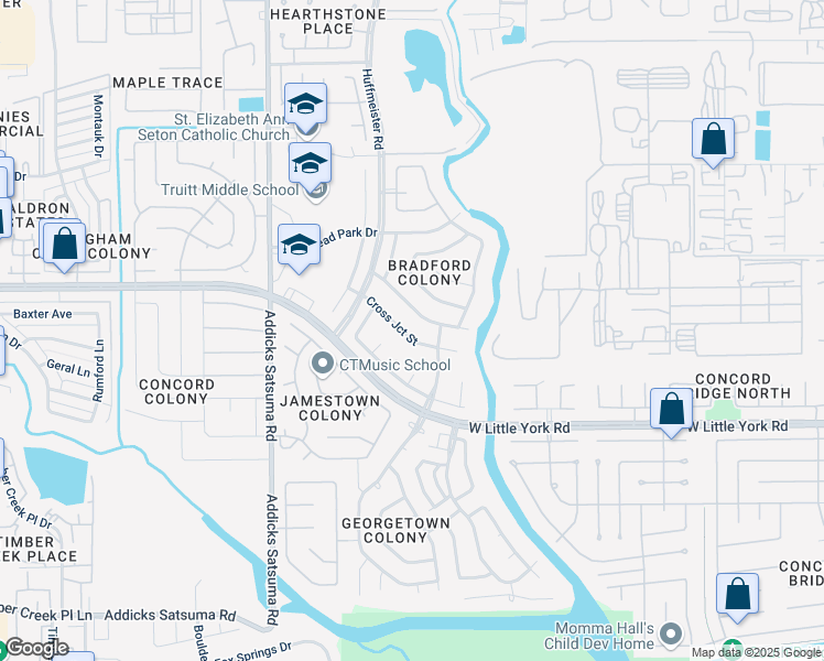 map of restaurants, bars, coffee shops, grocery stores, and more near 14718 Cross Junction Street in Houston