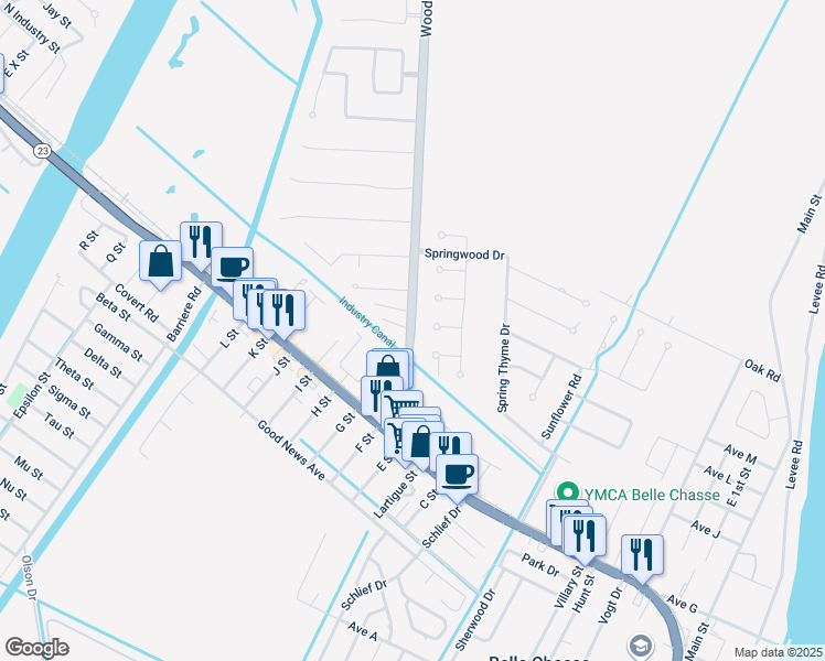 map of restaurants, bars, coffee shops, grocery stores, and more near 20 Woodland Highway in Belle Chasse