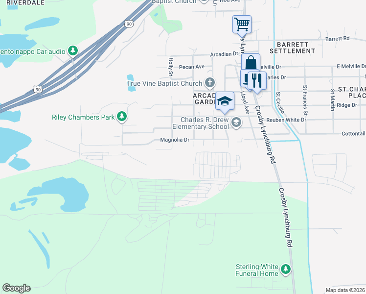 map of restaurants, bars, coffee shops, grocery stores, and more near 509 Magnolia Drive in Crosby