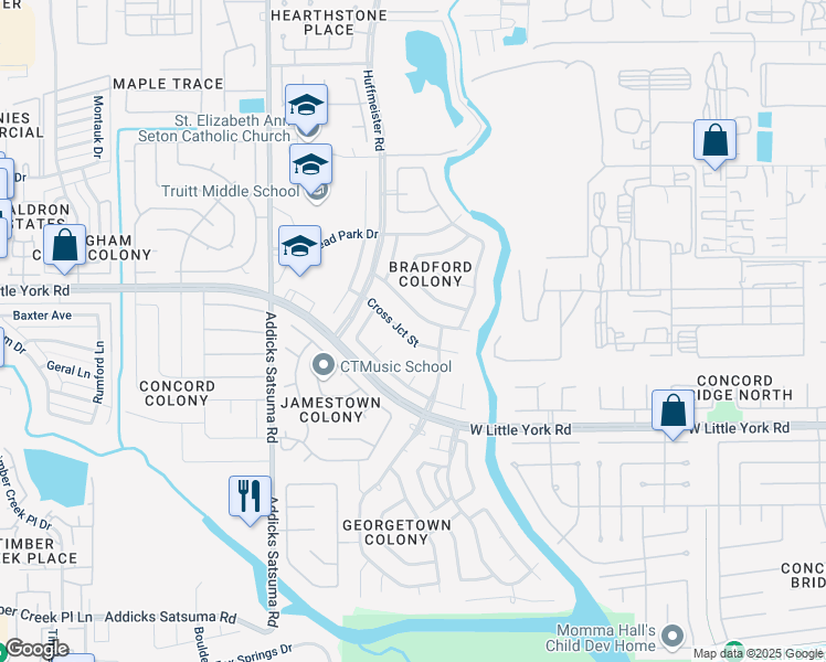 map of restaurants, bars, coffee shops, grocery stores, and more near 14718 Cross Junction Street in Houston