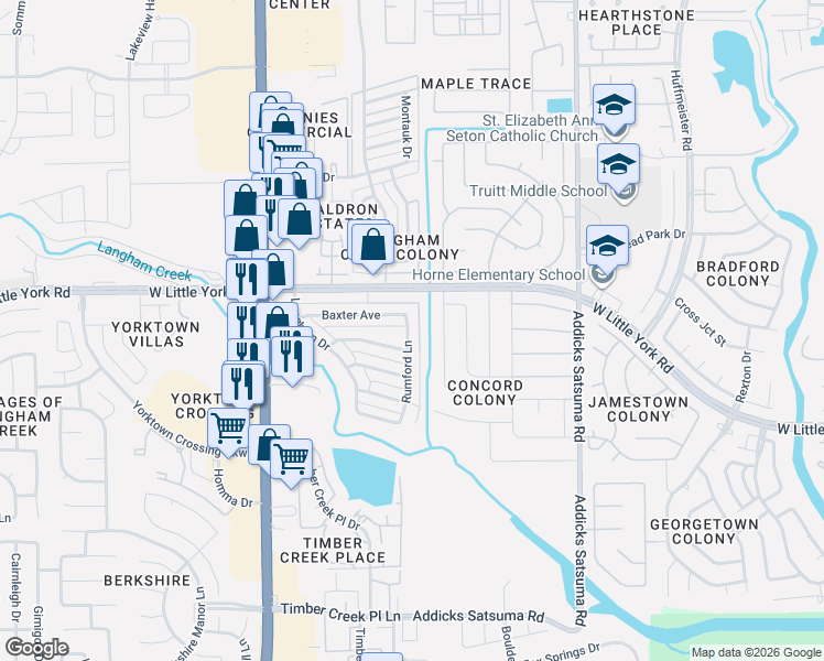 map of restaurants, bars, coffee shops, grocery stores, and more near 15313 Baxter Avenue in Houston