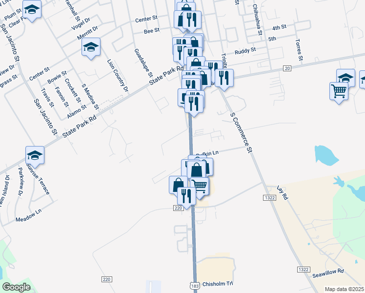 map of restaurants, bars, coffee shops, grocery stores, and more near 1501 South Main Street in Lockhart
