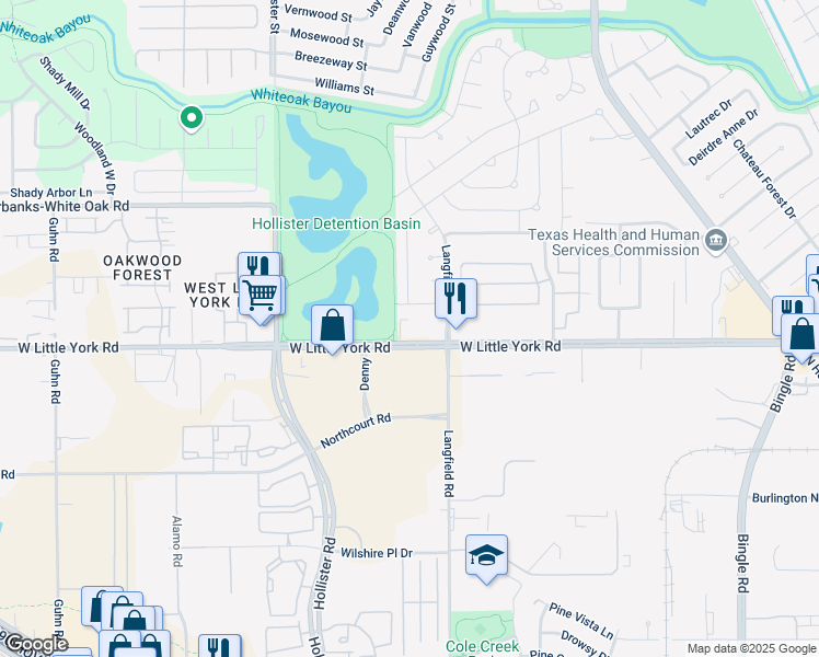map of restaurants, bars, coffee shops, grocery stores, and more near 7310 West Little York Road in Houston