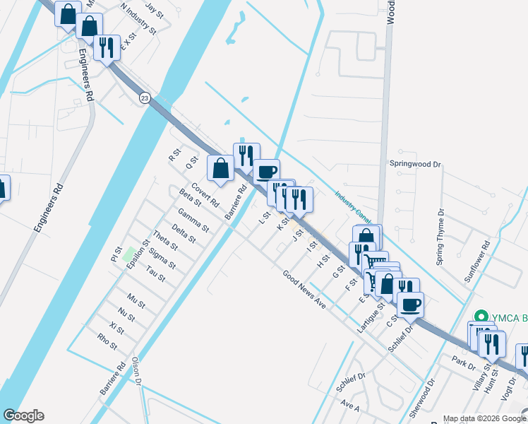 map of restaurants, bars, coffee shops, grocery stores, and more near 108 L Street in Belle Chasse