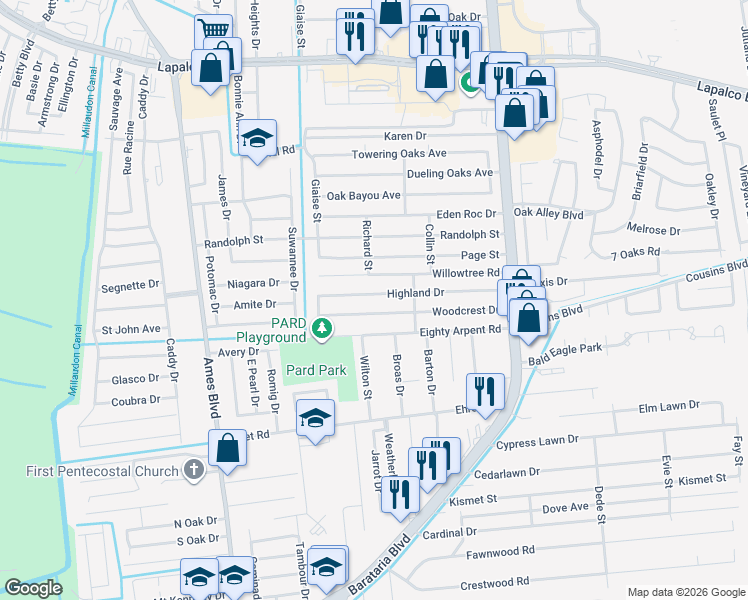 map of restaurants, bars, coffee shops, grocery stores, and more near 5133 Highland Drive in Marrero