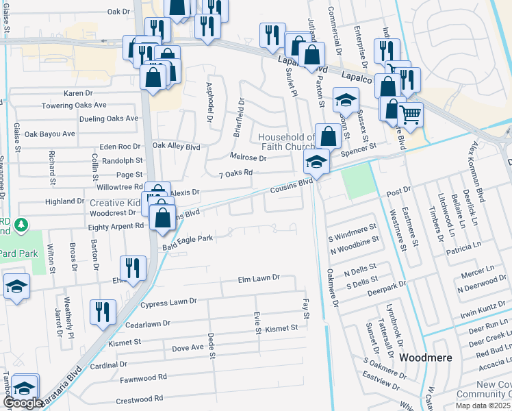 map of restaurants, bars, coffee shops, grocery stores, and more near 2100 Dierdorff Street in Marrero