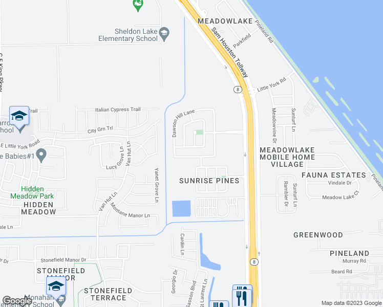 map of restaurants, bars, coffee shops, grocery stores, and more near 13351 Gardenia Mist Lane in Houston