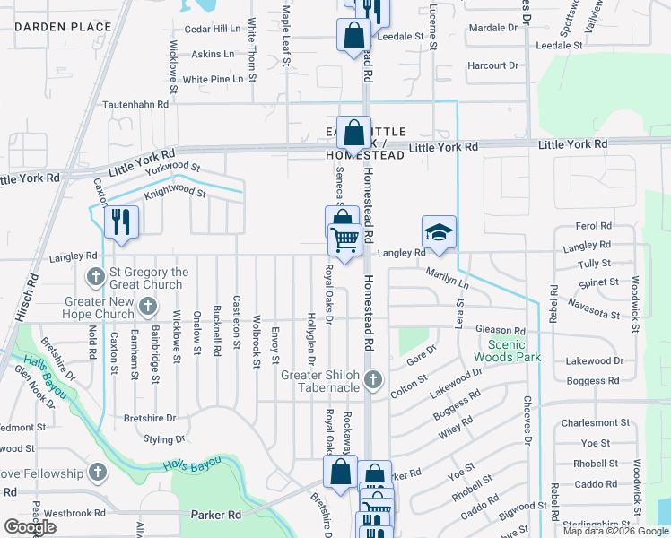 map of restaurants, bars, coffee shops, grocery stores, and more near 10551 Royal Oaks Drive in Houston