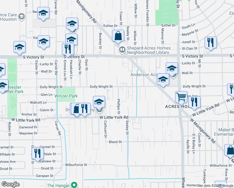 map of restaurants, bars, coffee shops, grocery stores, and more near 7322 Phillips Street in Houston
