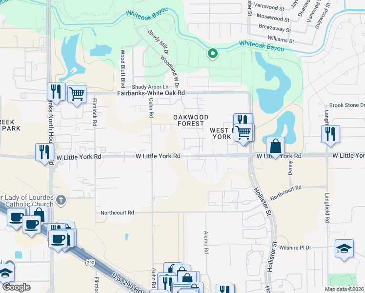 map of restaurants, bars, coffee shops, grocery stores, and more near 6810 Oakwood Grove in Houston