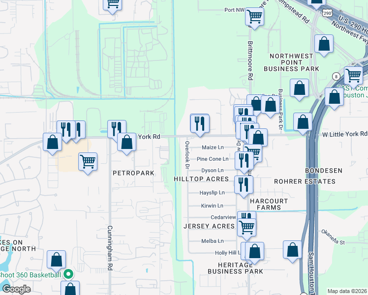 map of restaurants, bars, coffee shops, grocery stores, and more near 6627 Overlook Drive in Houston