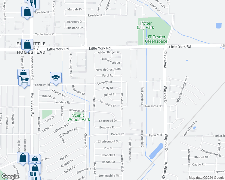 map of restaurants, bars, coffee shops, grocery stores, and more near 7710 Tully Street in Houston