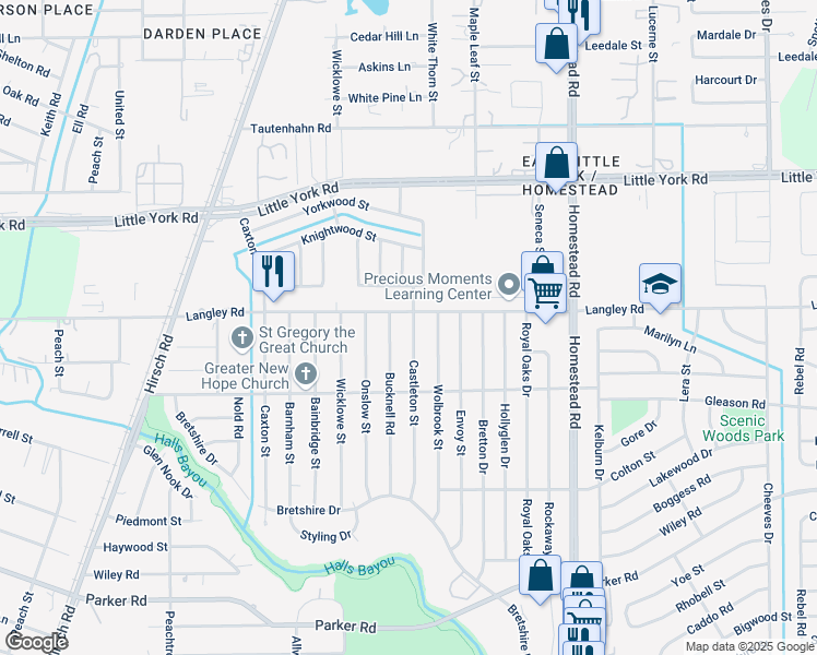 map of restaurants, bars, coffee shops, grocery stores, and more near 10549 Castleton Street in Houston